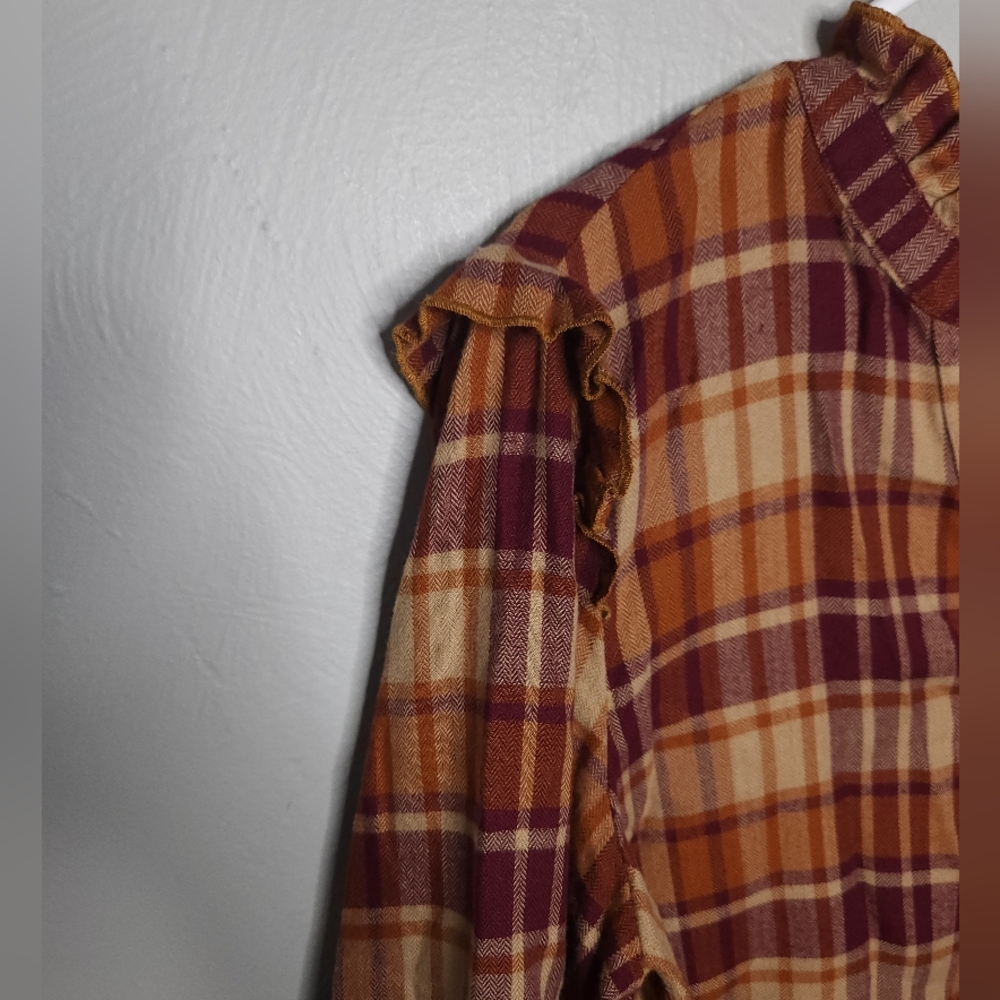 Frye• Ruffle orange/brown flacket button-down plaid shirt. Sz M - Picture 13 of 14